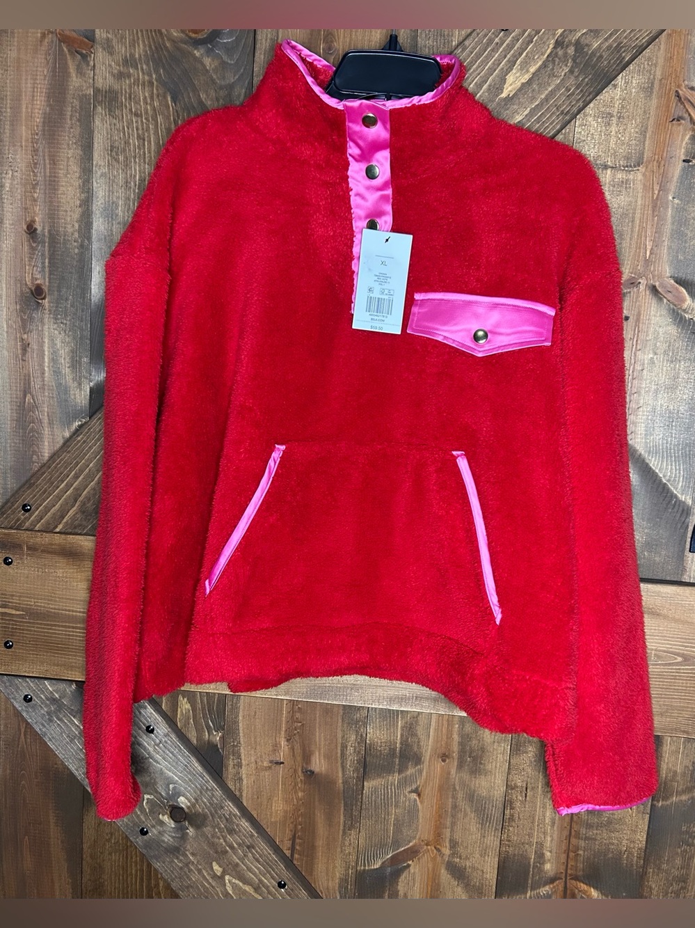 crown & ivy Red Fleece Cowl Pullover with Pink Trim Accents